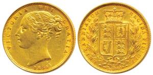 Great Britain, Victoria, Shield Sovereign, 8g, Shield on rev., 1851. Two scratches at bott