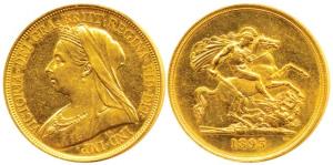 Great Britain, Victoria, Gold 5 Pounds, 40g, Veiled head bust on obv., St. George slaying 