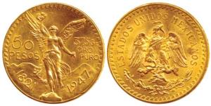 Mexico, Gold 50 Pesos, 41.61g, 1947, obv. Centennial of Independence, rev. winged Victory 