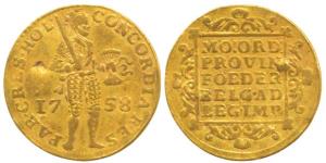 Netherlands, Holland, Gold Ducat, 3.44g, standing knight dividing date on obv., rev. legen