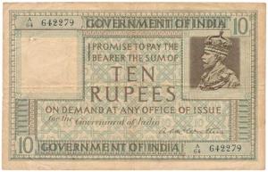 George V, Rupees 10, 1st issue, 1923, signed A. C. McWatters, serial number in top left co