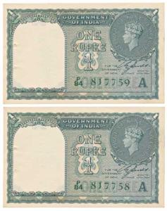 George VI, Rupee 1, 1st issue, 1944, signed C. E. Jones, serial number in green, in order 