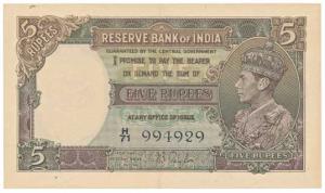 George VI, Rupees 5, 1st issue, 1938, signed J. B. Taylor, (J&R 3.1). Extremely Fine, Scar