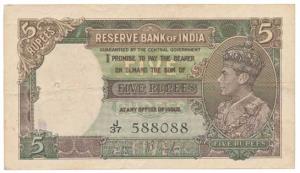 George VI, Rupees 5, 1st issue, 1938, signed J. B. Taylor, (J&R 3.1). Very Fine, Scarce.