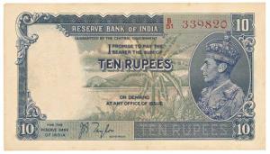 George VI, Rupees 10, 1st issue, 1938, signed J. B. Taylor, (J&R 5.1). Extremely Fine.