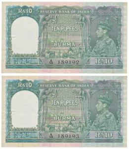 Burma, George VI, Rupees 10, 1938, signed J. B. Taylor, green colour, in order of 2 consec