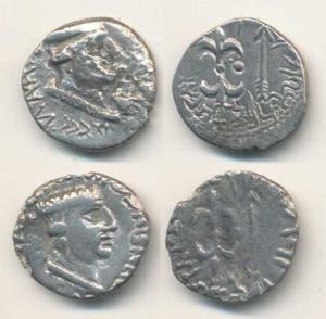 Western Kshatrapas, Nahapana, Silver Drachma (2), bust of the king to right with corrupt l