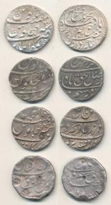 Farrukhsiyar, Silver Rupee (4), Arkat, Gwalior, Shahjahanabad and Surat Mint, RY 4, 6, 7 a