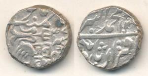 Jayaji Rao, Silver Rupee, in the name of Muhammad Akbar II, trishul next to RY 37, (KM 19.