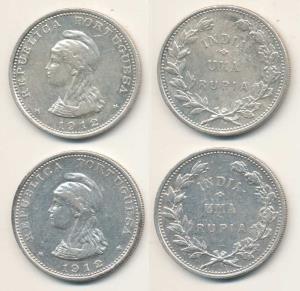 Silver Uma Rupee (2), 1912 and 1912 with reworked 2 of 1912 on 1911 (KM 18). Very Fine+. (