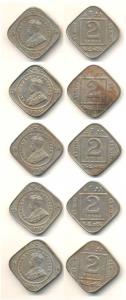 George V, Cupro- Nickel 2 Anna (5), Bombay Mint, 1918 and 1936. Extremely Fine. (5)