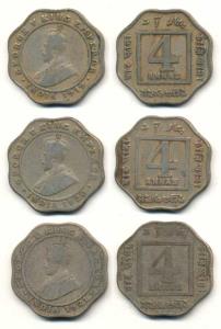 George V, Cupro-Nickel 4 Annas (3), Calcutta Mint, 1919, 1920 and 1921. Fine, Scarce. (3)