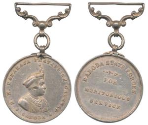 Baroda, Meritorious Service Medal (Military), Silver, 38mm, obv. bust of Maharaja Pratap S