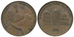 Bhavnagar, War Hospital Medal 1916, Copper, obv. conjoined bust of Maharaja Bhavsinhji II 