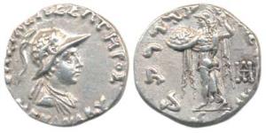 Indo-Greeks, Menander, Silver Drachm, 2.46g, helmeted bust of the king to right with Greek