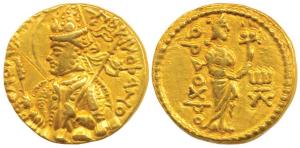 Kushanas, Huvishka, Gold Dinar, 7.88g, half length bust of the king seated on clouds, nimb