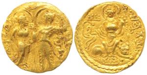 Guptas, Samudragupta (335-380 AD), Gold Dinar, 7.60g, King and Queen type, issued in memor