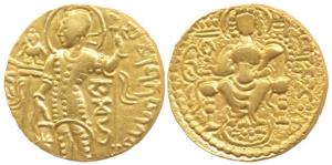 Gupta Empire, Samudragupta, Gold Dinar, Standard type, king standing left wearing long coa