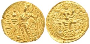 Gupta Empire, Samudragupta, Gold Dinar, Standard type, king nimbate, standing left with sh