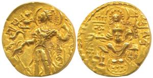 Gupta Empire, Chandragupta II, Gold Dinar, Archer type, king nimbate, standing left, holdi