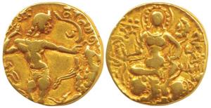 Guptas, Chandragupta II, Gold Dinar, 7.56g, Lion-Slayer type, obv. king slaying a lion wit