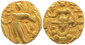 Guptas, Chandragupta II, Gold Heavy Dinar, 8.05g, Archer type, obv. king nimbate, standing