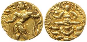 Guptas, Kumaragupta I (AD 414-455), Gold Dinar, 8.2g, Archer type, obv. king nimbate stand