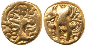 Karkotakas of Kashmir, Pratapaditya (5th century AD), Base Gold, 7.42 g, seated goddess wi
