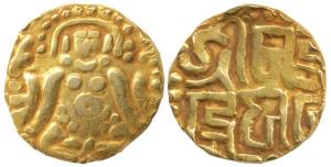 Kalachuris of Tripuri, Gangeya Deva, Gold Dinara, 3.82g , Goddess Lakshmi seated wearing a