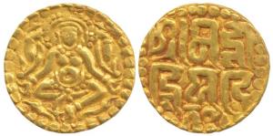 Kalachuris of Tripuri, Gangeya Deva, Gold Dinara, 3.98g, Goddess Lakshmi seated wearing a 