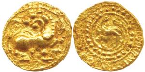 Kadambas of Hangal, Toyimadeva (1048-1075 AD), Gold Pagoda, 4.21g, lion advancing right wi
