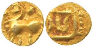 Chalukyas of Kalyani, Gold Fanam, 0.37g, a lion to left on obv; Kannada letter Pra or Pri 