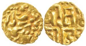Kalachuris of Ratnapura, Prithvi Deva, base Gold Masha, 0.93g, obv. depicting a tiger moun