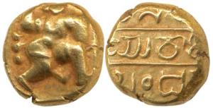 Telugu-Chodas of Nellore, Gold Pagoda, 3.35g, warrior walking to right with upraised right