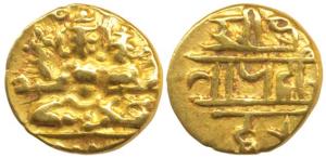 Vijayanagar, Devaraya I (1406-22 AD), Gold ½ Pagoda, 1.68g, Shiva-Parvati seated on obv., 