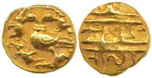Vijayanagar, Achyuta Deva Raya, Gold ½ Pagoda, 1.68g, two headed mythical bird holding fou