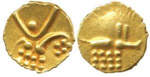 Hoysalas, Vira Raya, Gold Fanam, 0.40g, obv. stylized lion standing right with crescent ab