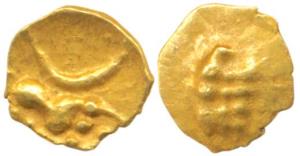 Hoysala, Gold ¼ Fanam, 0.12g, lion to right on obv., rev. crocodile like symbol. Very Fine