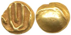 South India, Uncertain Gold Fanam, 0.38g, obv. Vishnu’s head tilak-gandha; rev. globule. V