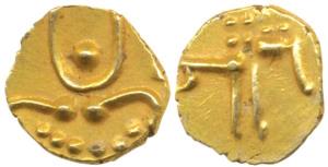 Cochin, Gold Fanam, 0.40g, stylised animal on obv, Kali on rev. Extremely Fine.