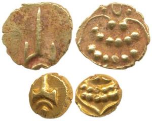 Marathas, Tanjavore, Venkoji, Gold Fanam (2), Katar on obv., degenerate Kali on rev. (M&W 