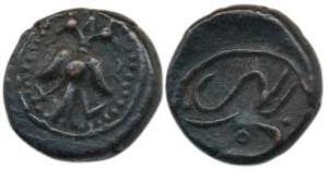 Copper Kasu, 2.62g, Uncertain ruler, obv. Gandabhairunda, rev. retrograde Kannada/Tamil le