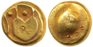 Anonymous, Hudki Gold Pagoda, 3.34g, obv. a boat like uncertain symbol; rev. possibly the 
