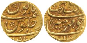 Aurangzeb, Gold Mohur, 10.90g, Burhanpur Mint, date off-flan, (KM.315.16). About Extremely