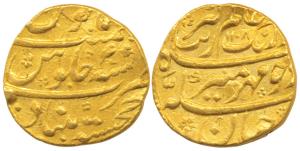 Aurangzeb, Gold Mohur, Khujista Bunyad Mint, AH 1108/40, complete mint name at bottom. Ver