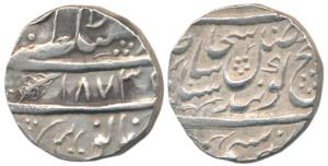 Lahore Mint, Silver Rupee, 11.08g, Nanakshahi couplet, VS 1873, (KM 67). About Extremely F