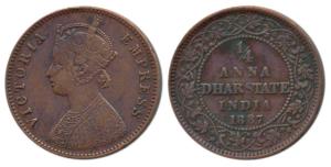 Copper ¼ Anna, 5.90g, Calcutta Mint, with the name and portrait of Victoria, 1887. Very Fi