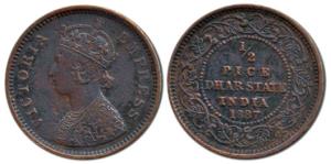 Copper ½ Pice, 2.10g, Calcutta Mint, with the name and portrait of Victoria, 1887. Very Fi