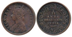 Copper 1/12 Anna, 2.98g, Calcutta Mint, with the name and portrait of Victoria, 1887. Very