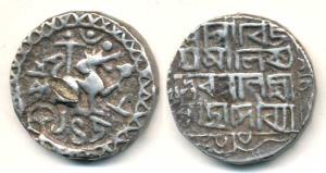 Vijaya Manikya (SEc 1454-1486; 1532-1564 AD), Silver Tanka, 10.78g, Lion to right with a c